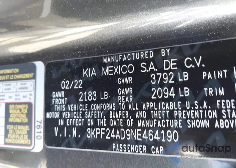 2022 Kia Forte Fe/Lxs z USA, uszkodzony, nr VIN 3KPF24AD9NE464190